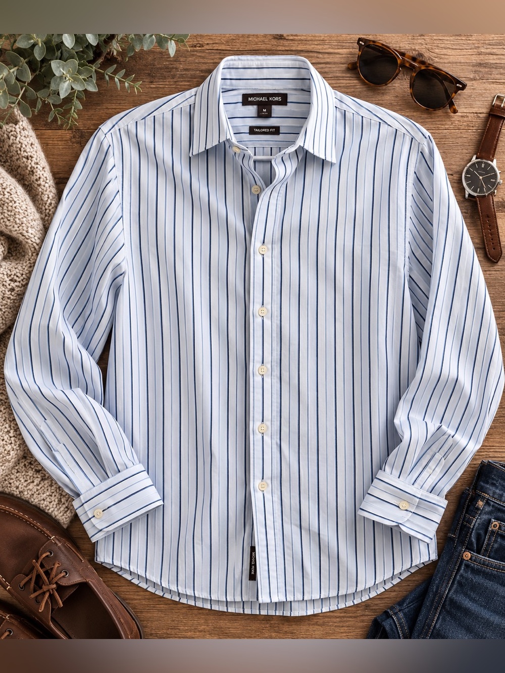 Michael Kors Blue White Striped Tailored Fit Button Down Shirt M 100% Cotton